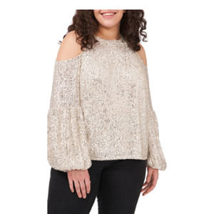 CeCe Plus Size 3x Champagne sequin long balloon sleeve cold shoulder top